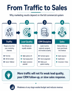 Traffic → Lead Quality → CRM Discipline → Sales Follow-Up → Revenue Tracking
